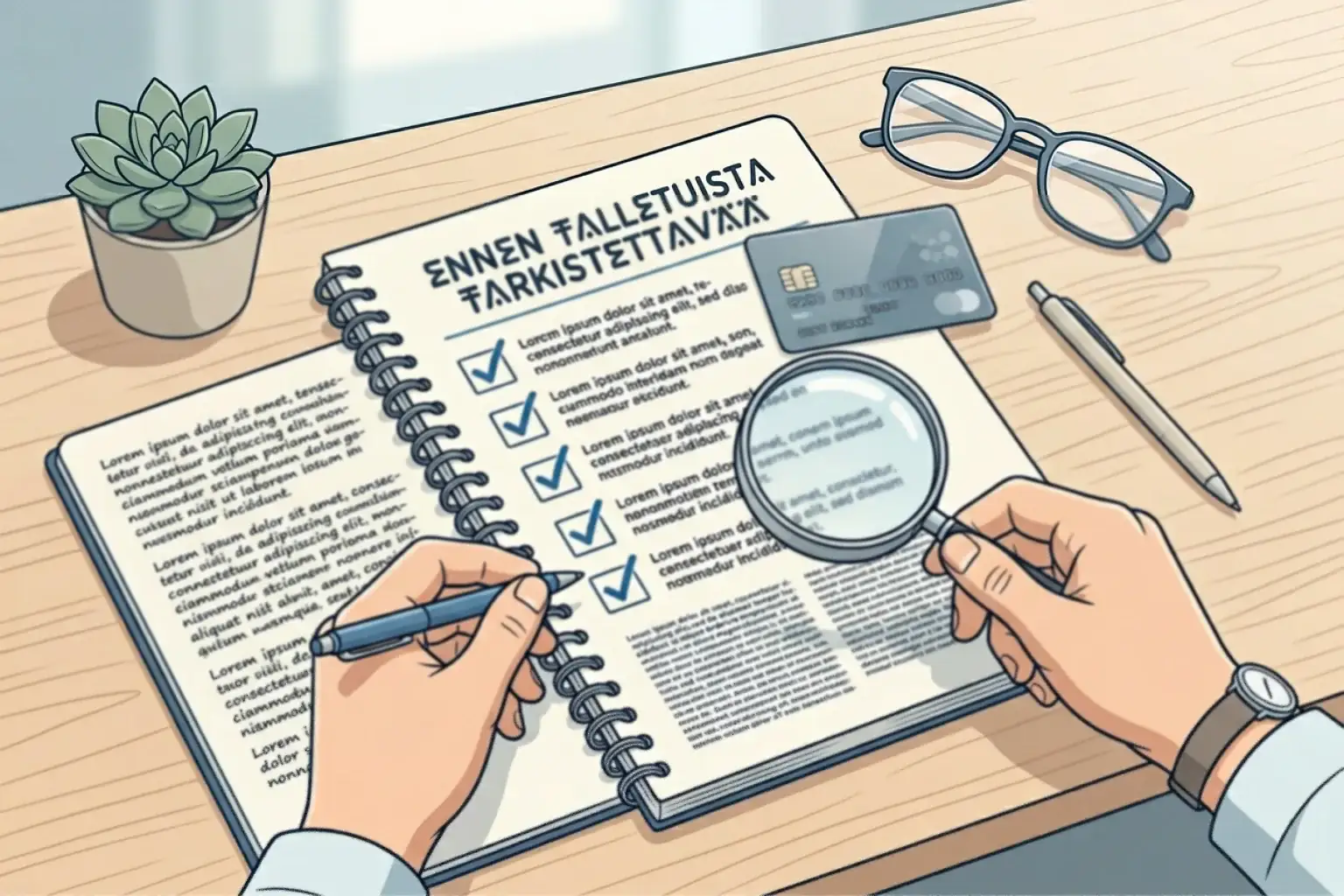 Checklista, maksukortti ja muistilappu ennen kasinotalletusta